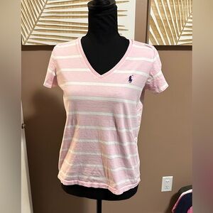 POLO RALPH LAUREN Women's Pink/White Stripped V-Neck T-Shirt-Navy Pony-medium